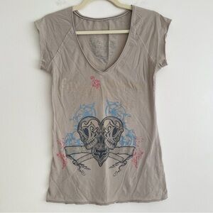 Y2K Fox Racing Graphic T Shirt V Neck Double Sided Skull Heart Logo Vintage Sz M